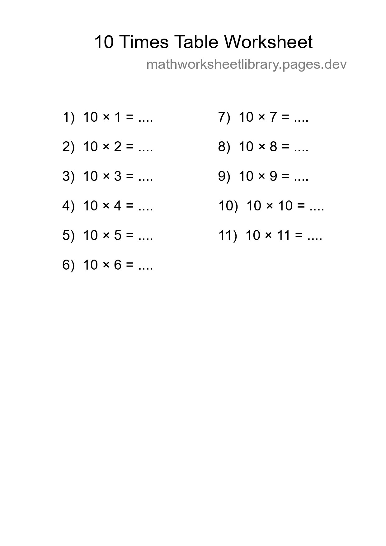 10 Times Table Worksheet For Grade 3 With Answers - Part 49