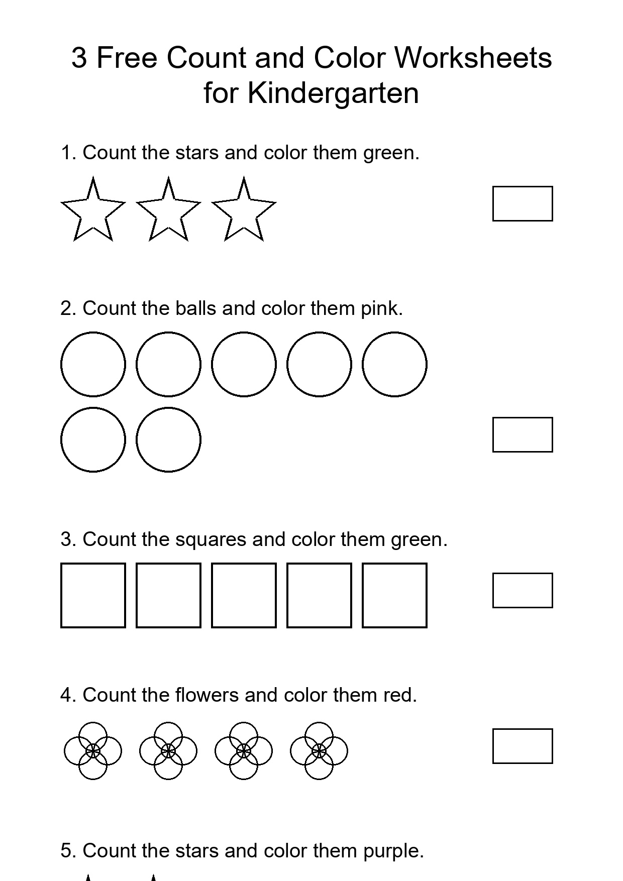 3 Free Count and Color Worksheets for Kindergarten