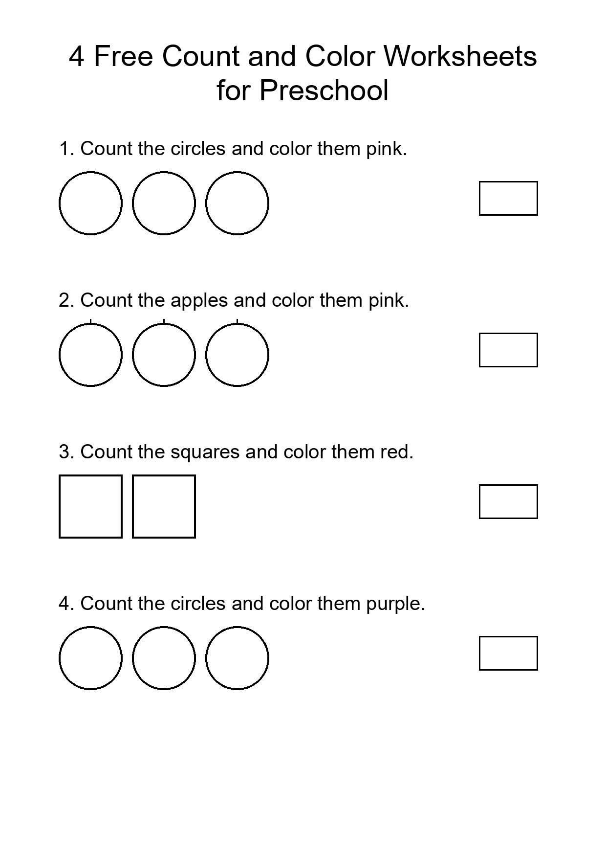 4 Free Count and Color Worksheets for Preschool