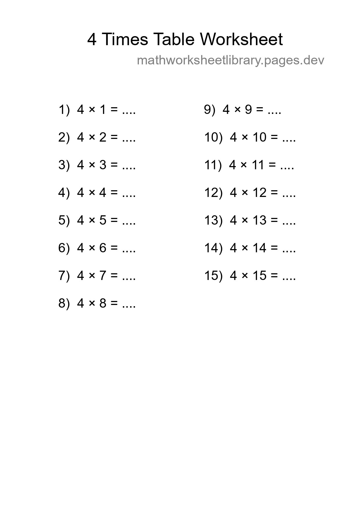 4 Times Table Worksheet For Grade 2 With Answers - Part 179