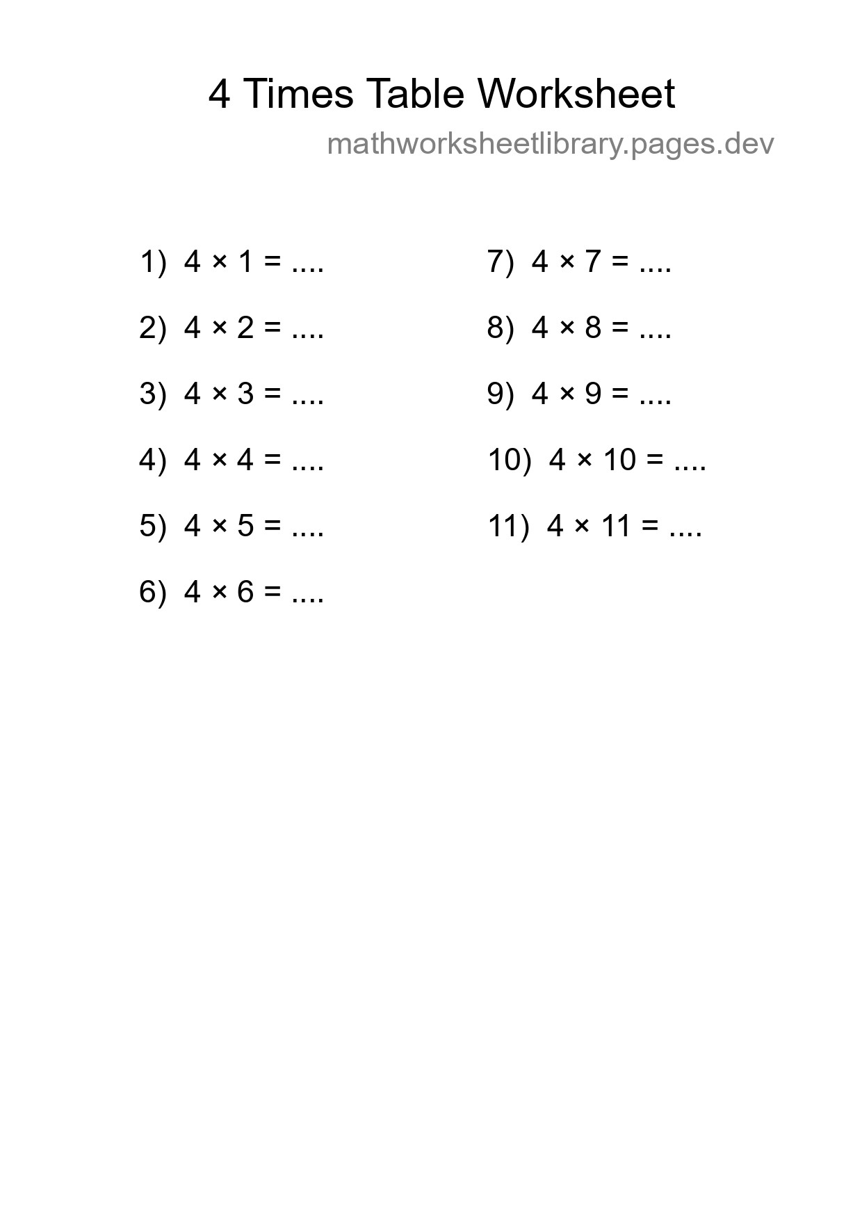 4 Times Table Worksheet For Grade 2 With Answers - Part 89