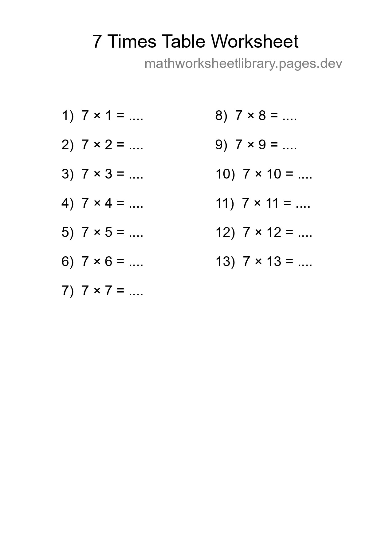 7 Times Table Worksheet For Grade 3 - Part 169