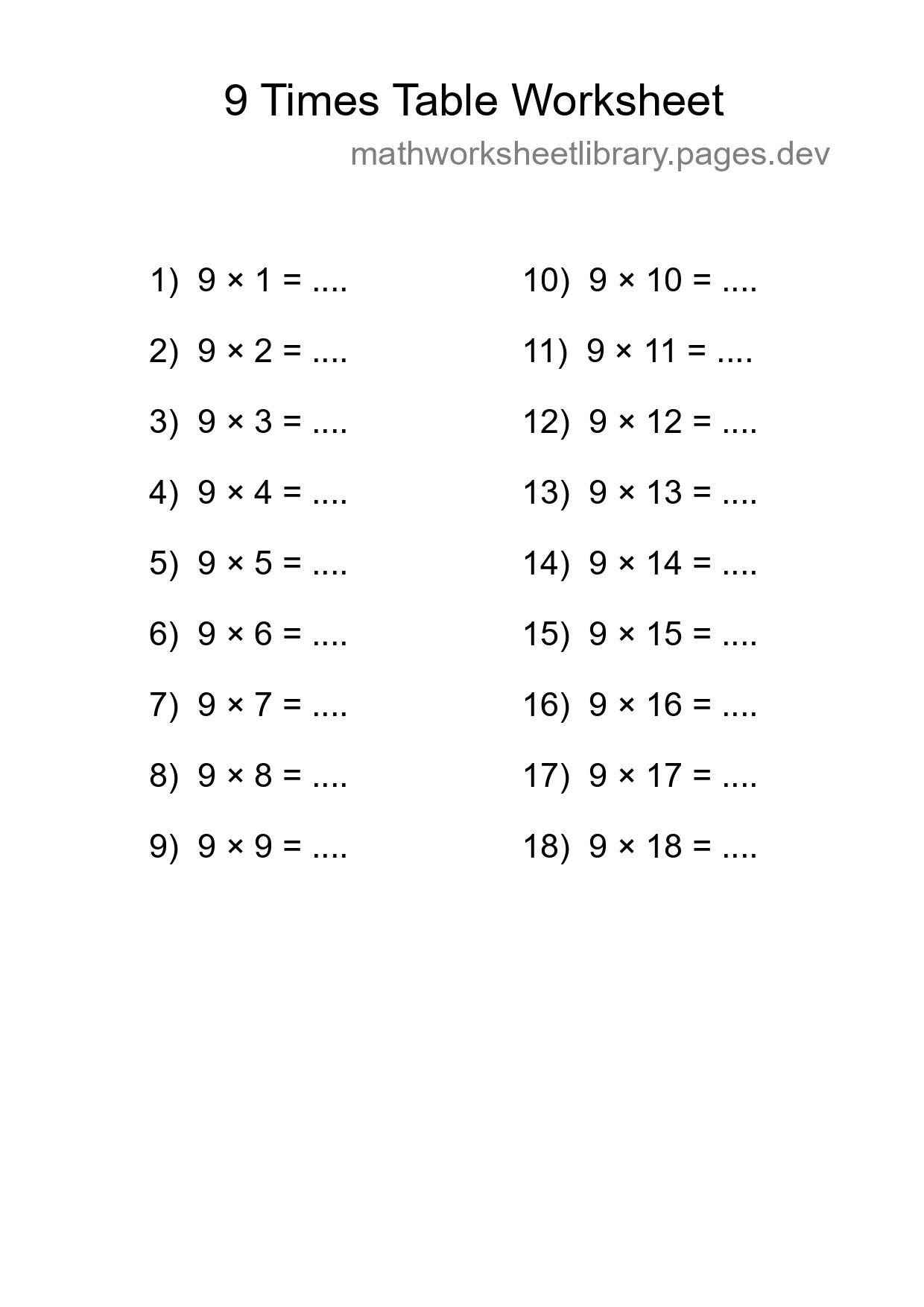 9 Times Table Worksheet For Grade 3 With Answers - Part 159