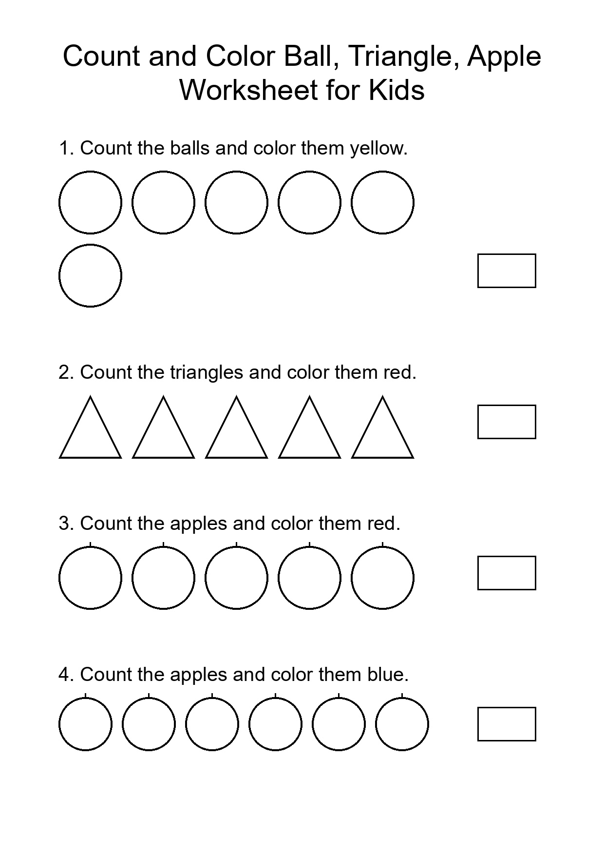 Count and Color Ball, Triangle, Apple Worksheet for Kids