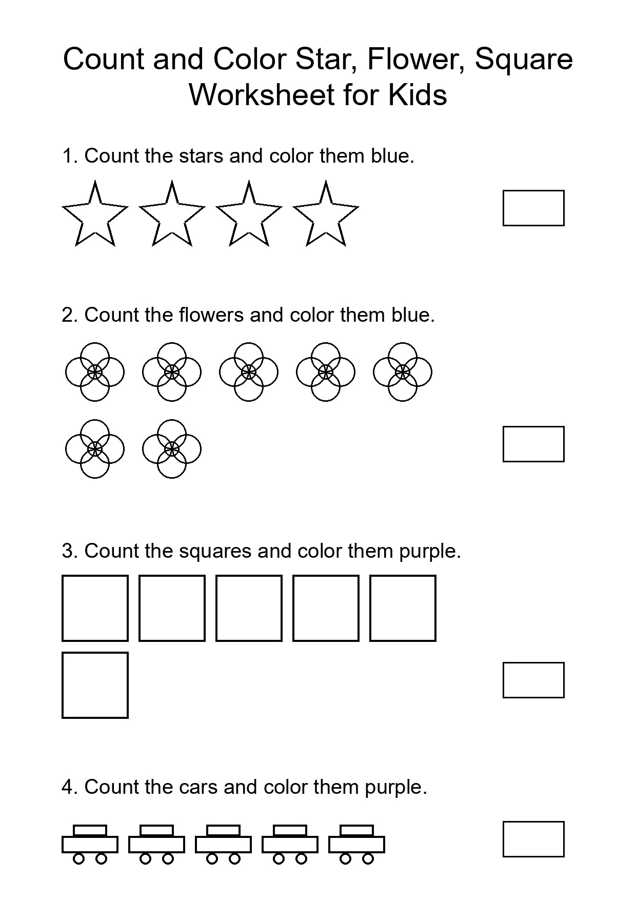 Count and Color Star, Flower, Square Worksheet for Kids