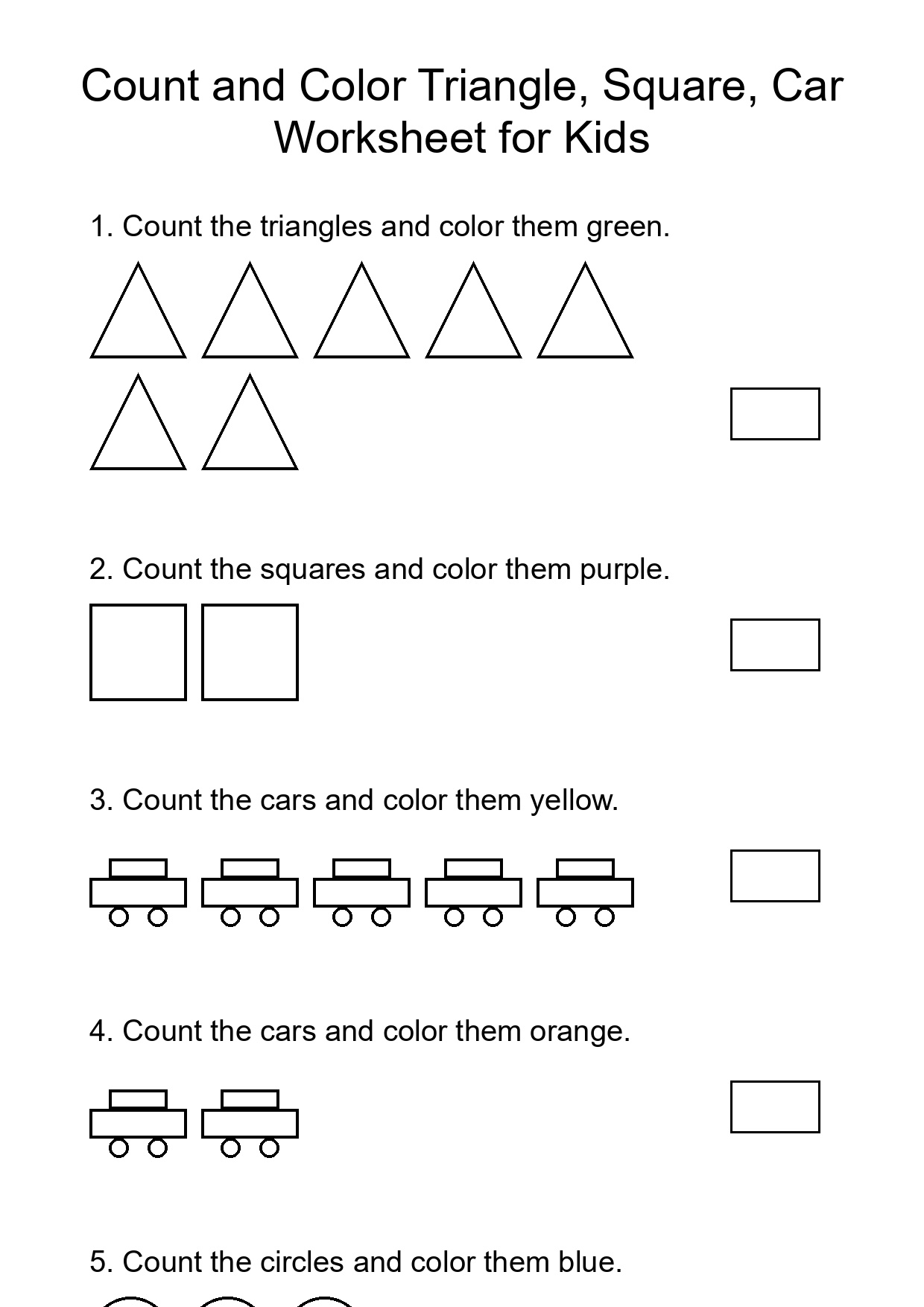 Count and Color Triangle, Square, Car Worksheet for Kids