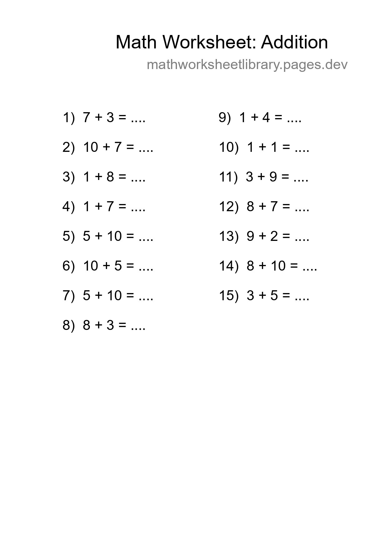 Free 15 Addition Math Worksheet For Grade 1 - Part 141