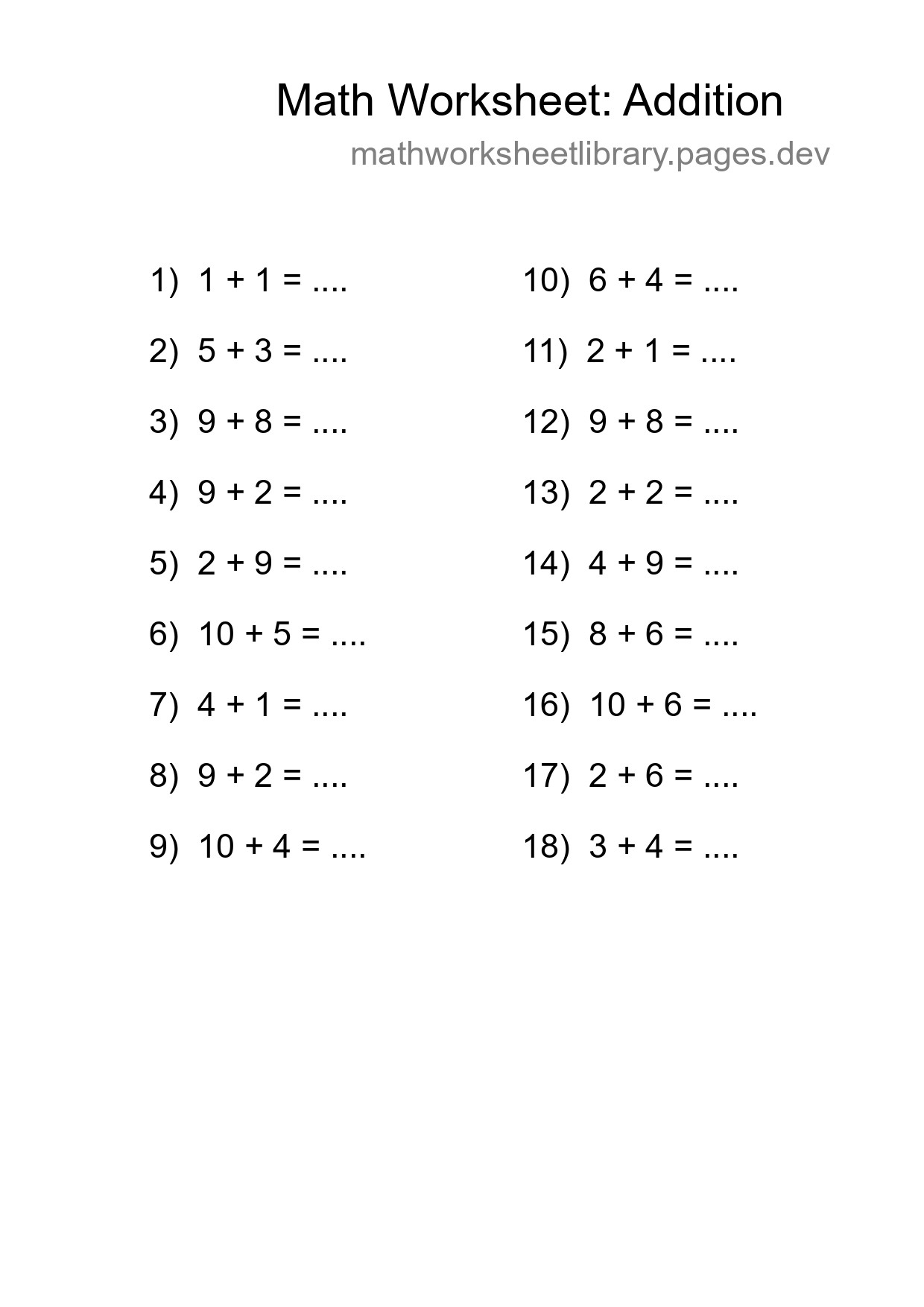 Free 18 Addition Math Worksheet For Grade 1 With Answers - Part 101