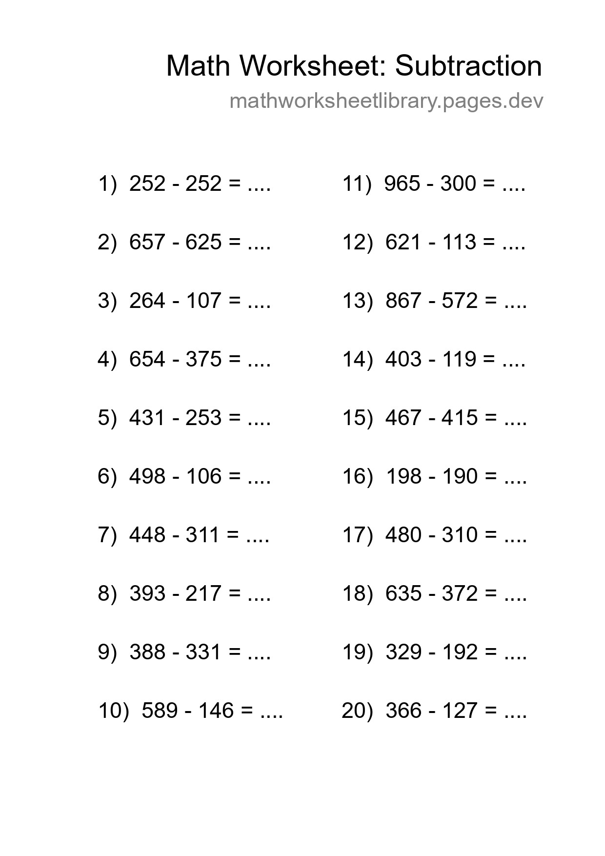 Free 20 Subtraction Math Worksheet For Grade 5 - Part 278