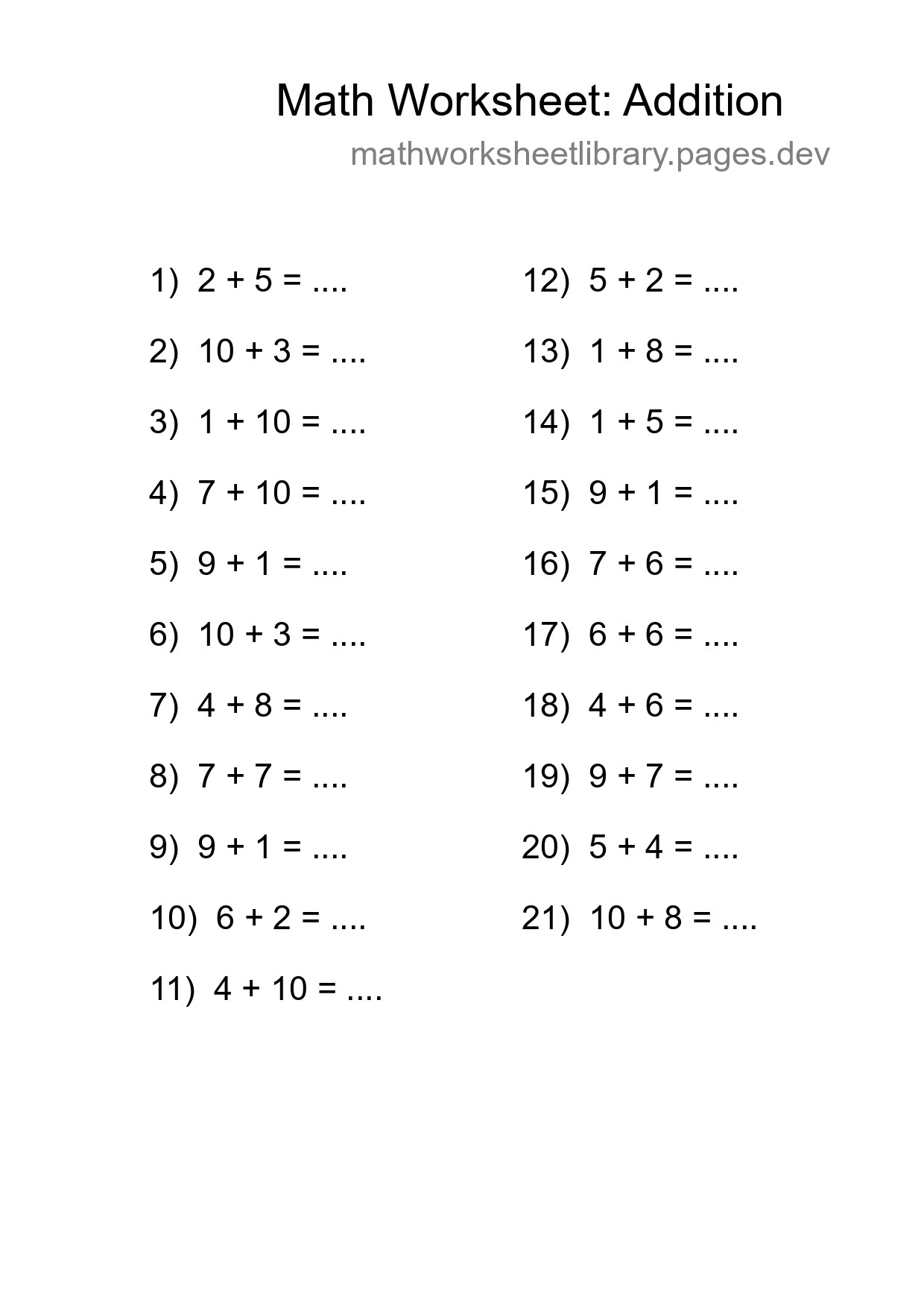Free 21 Addition Math Worksheet For Grade 1 With Answers - Part 161