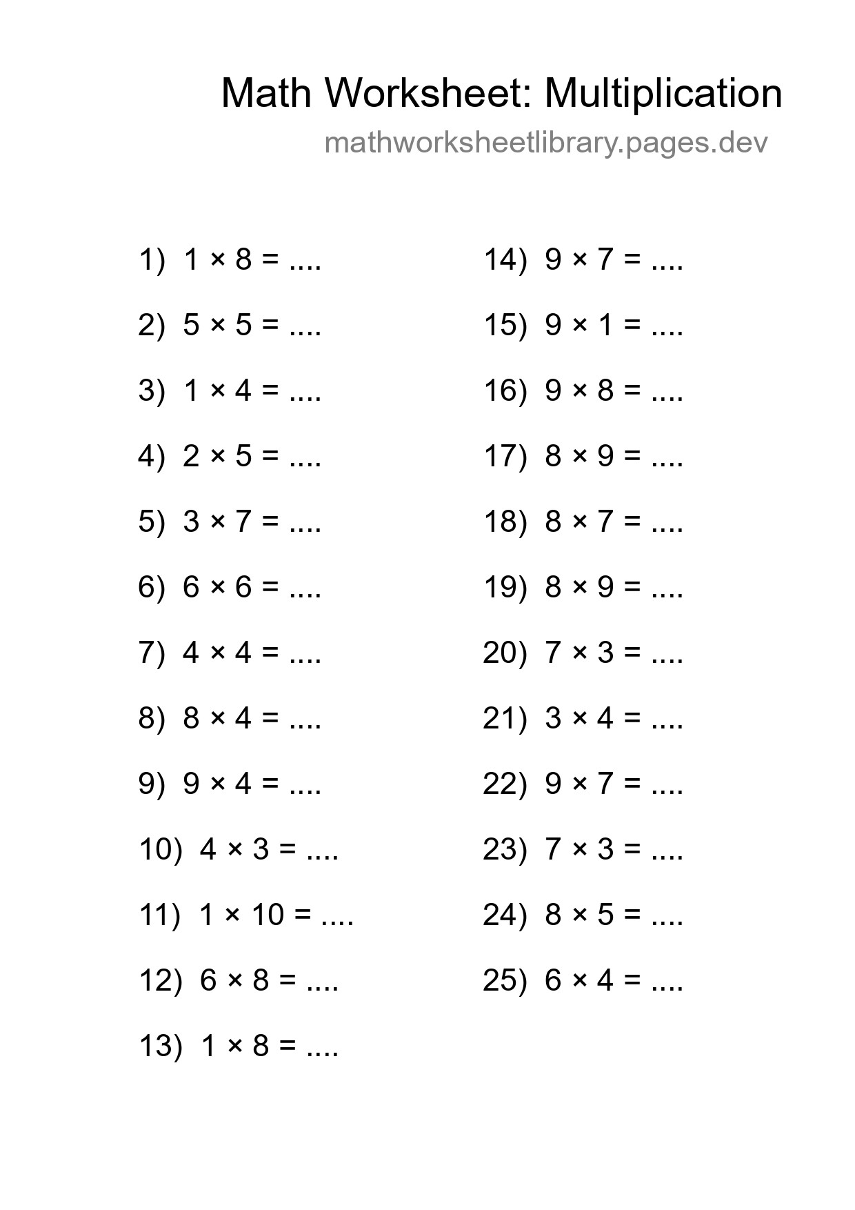 Free 25 Multiplication Math Worksheet For Grade 1 With Answers - Part 237