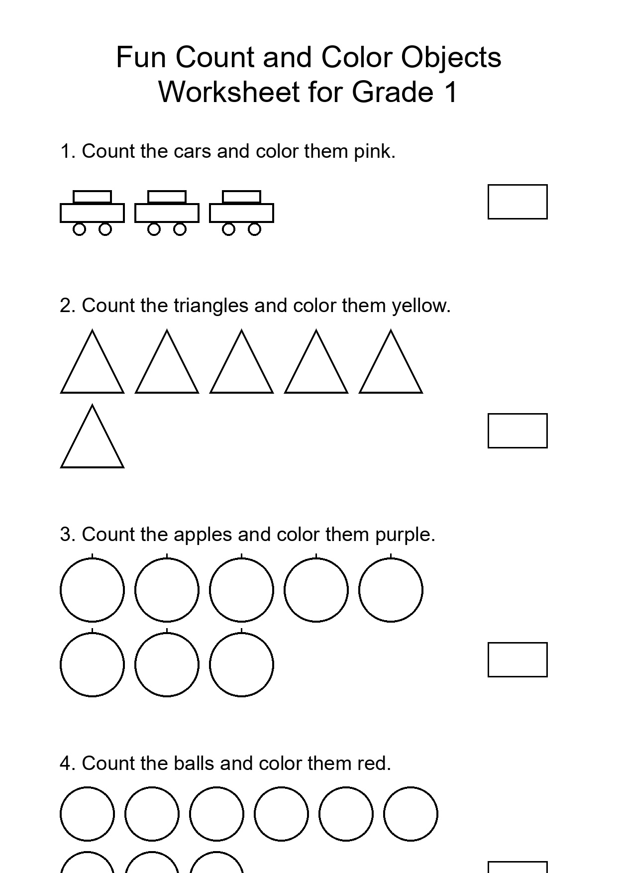 Fun Count and Color Objects Worksheet for Grade 1