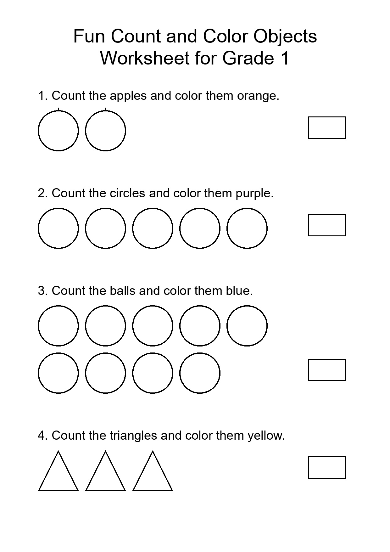 Fun Count and Color Objects Worksheet for Grade 1