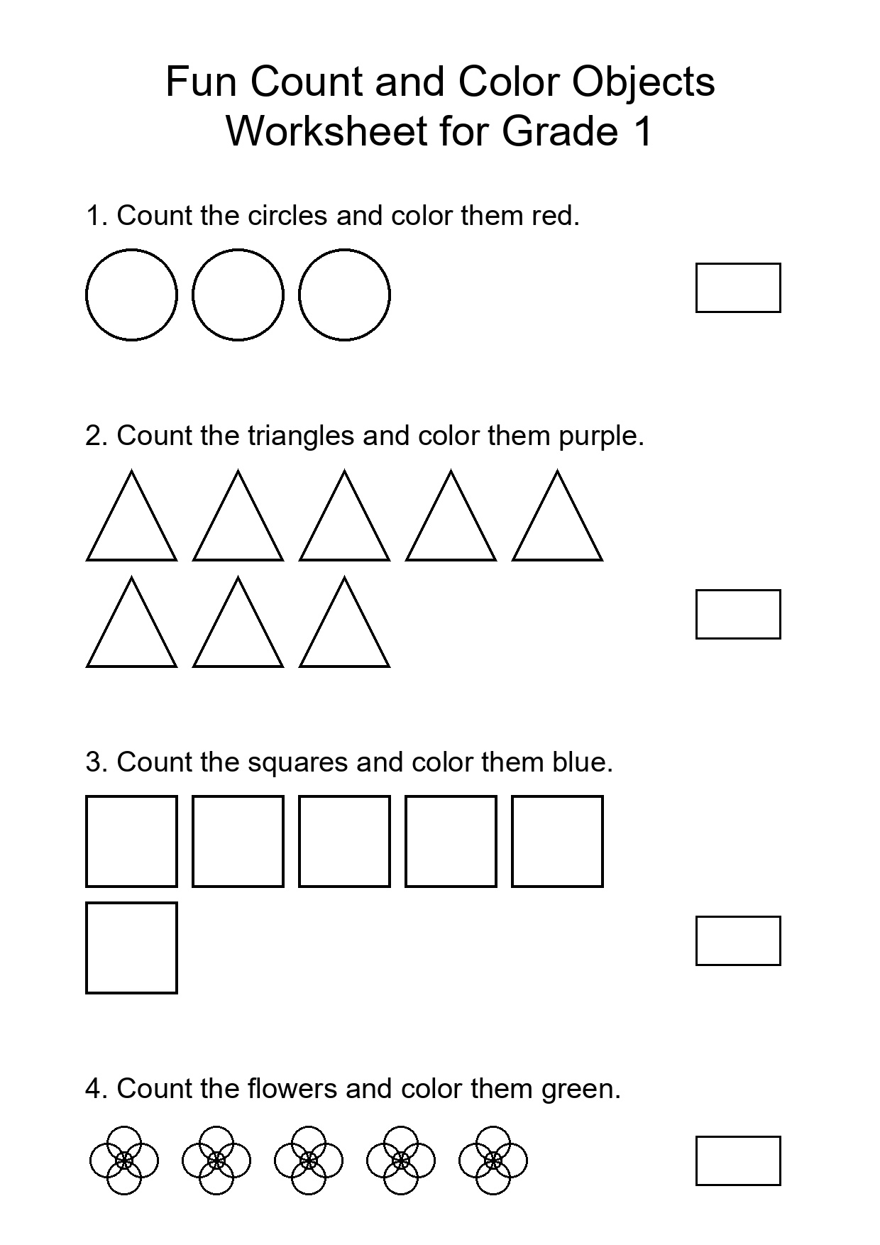 Fun Count and Color Objects Worksheet for Grade 1