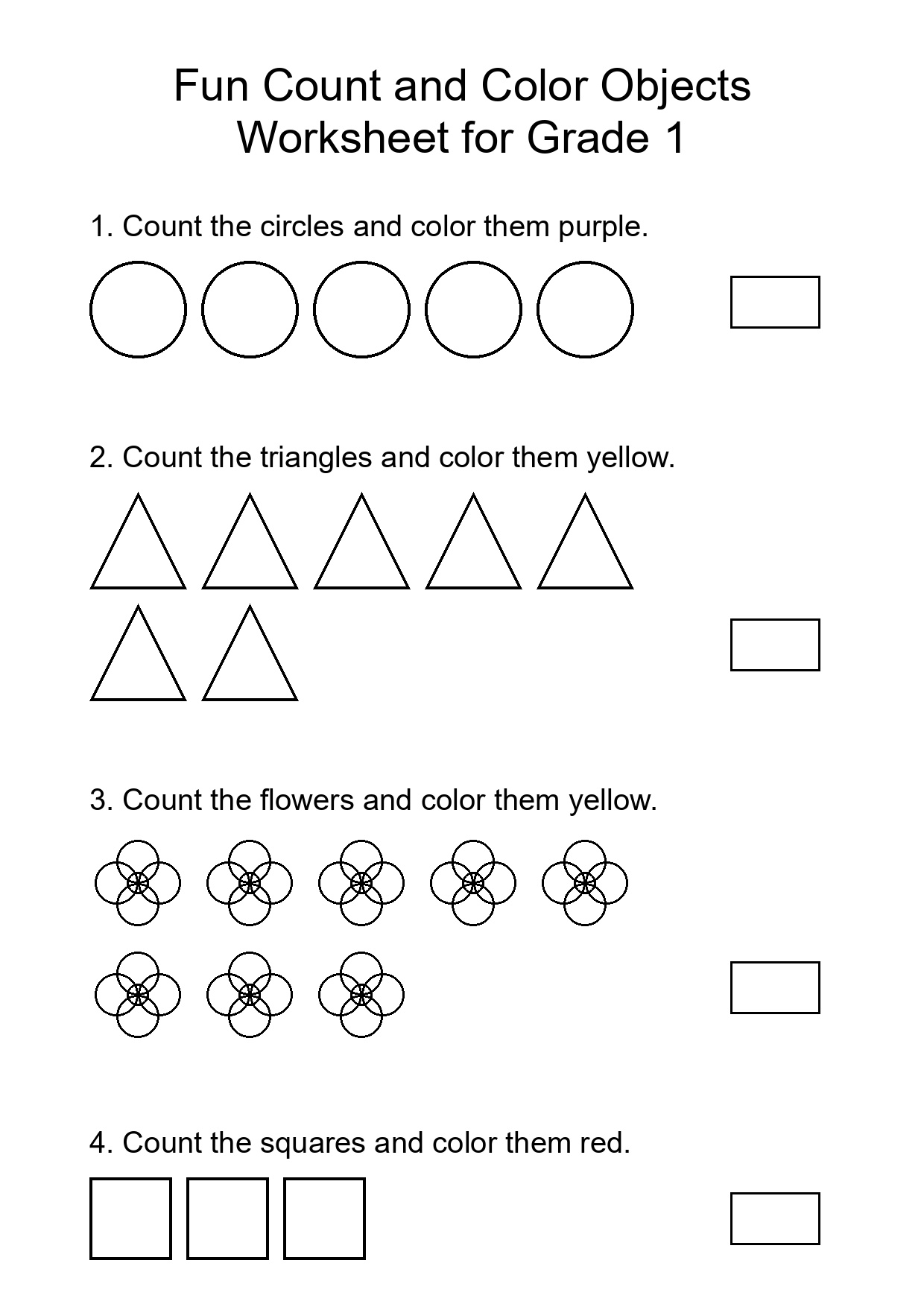 Fun Count and Color Objects Worksheet for Grade 1