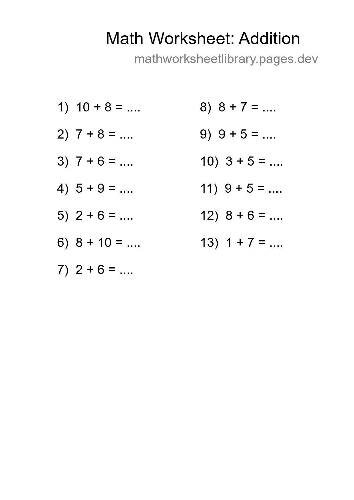 Grade 1 Addition Practice Worksheet (13 Problems) - Part 251