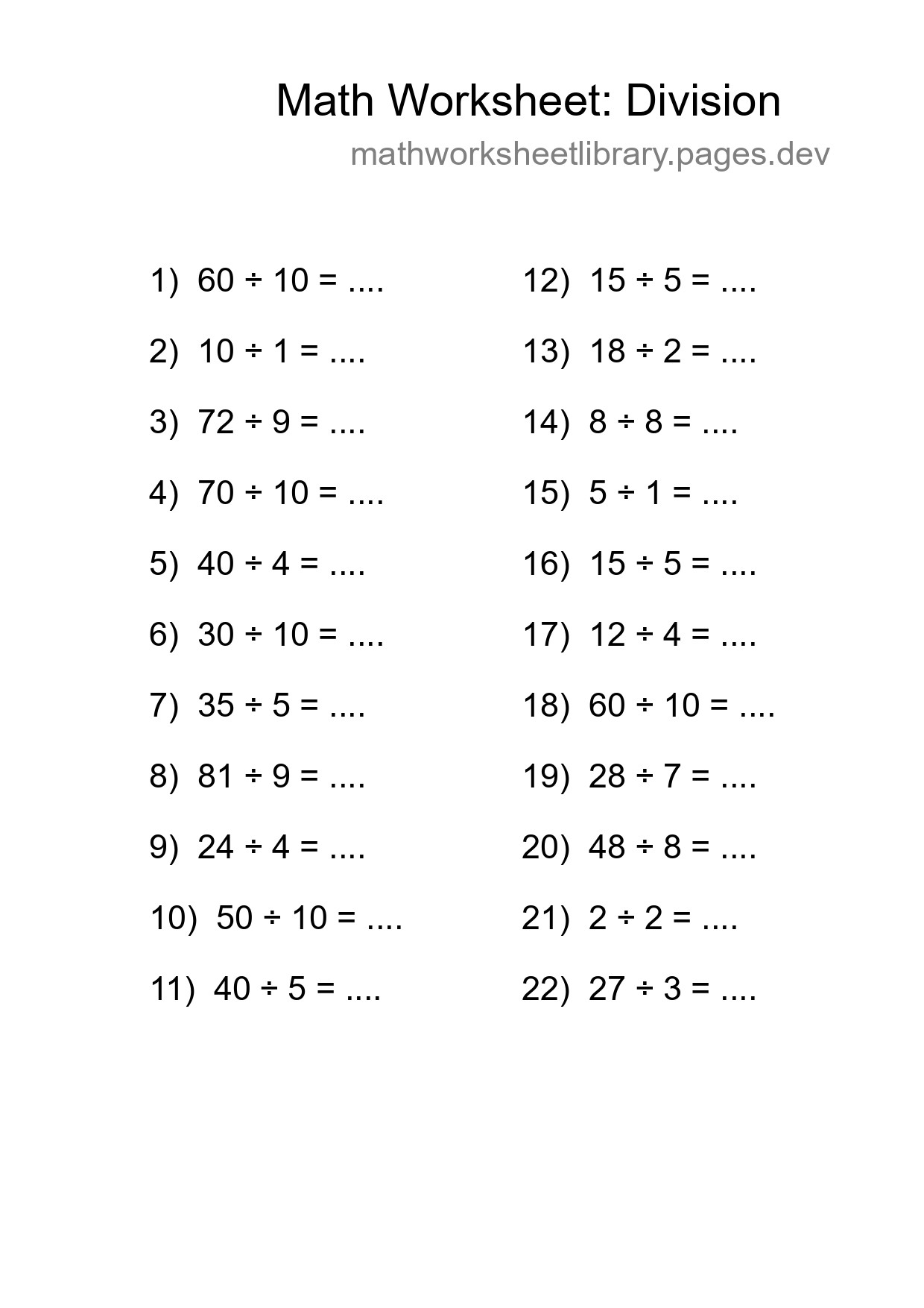 Grade 1 Division Practice Worksheet (22 Problems) - Part 114