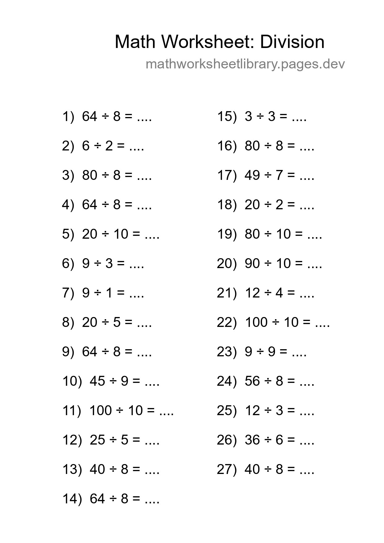 Grade 1 Division Practice Worksheet (27 Problems) - Part 34