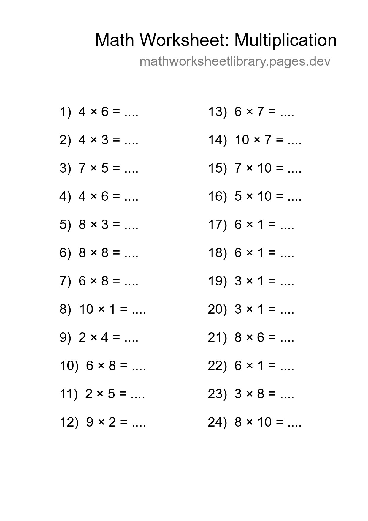 Grade 1 Multiplication Practice Worksheet (24 Problems) - Part 47