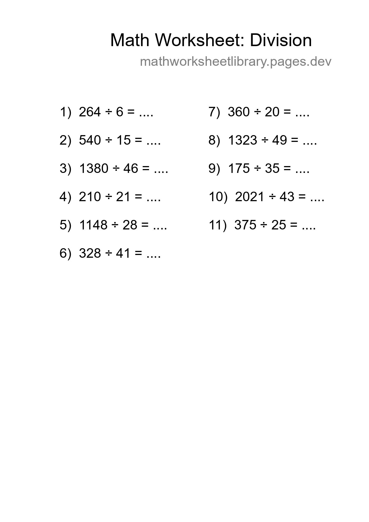 Grade 2 Division Practice Worksheet (11 Problems) - Part 164