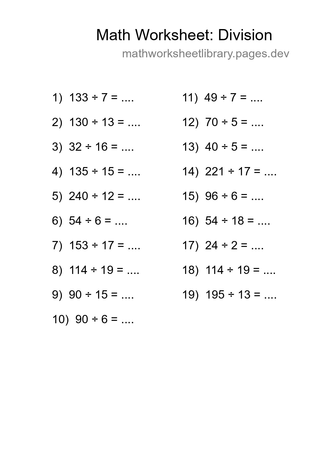 Grade 2 Division Practice Worksheet (19 Problems) - Part 64