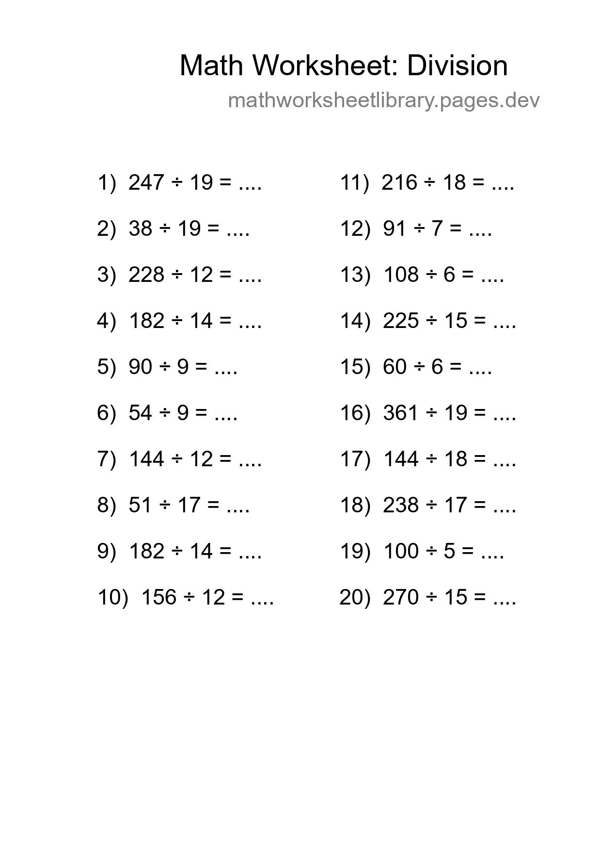 Grade 2 Division Practice Worksheet (20 Problems) - Part 174