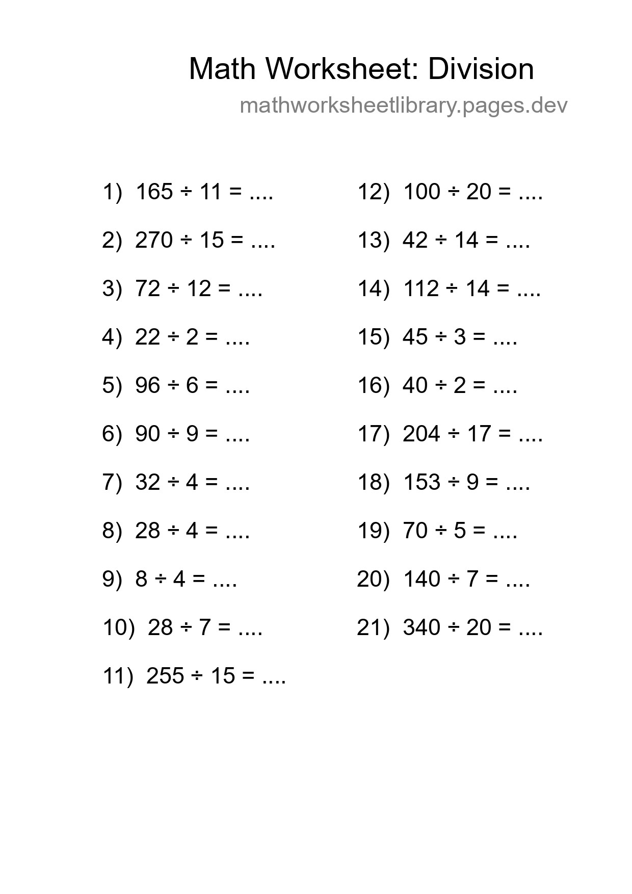 Grade 2 Division Practice Worksheet (21 Problems) - Part 4