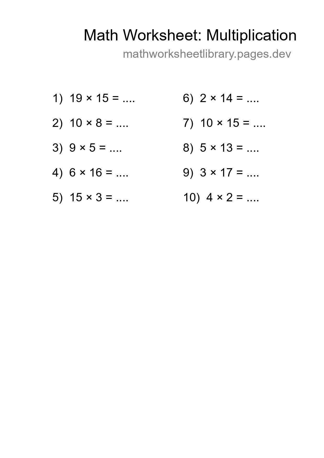 Grade 2 Multiplication Practice Worksheet (10 Problems) - Part 177