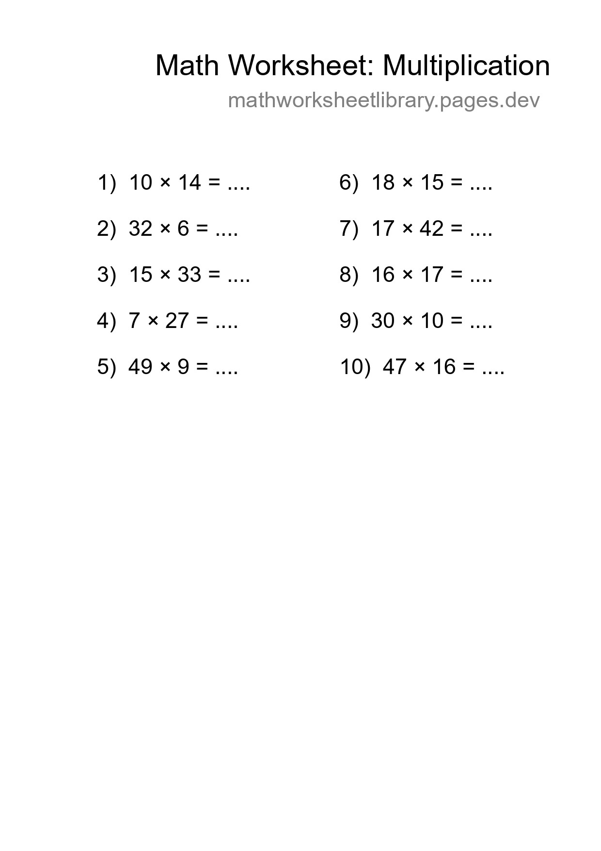 Grade 2 Multiplication Practice Worksheet (10 Problems) - Part 7