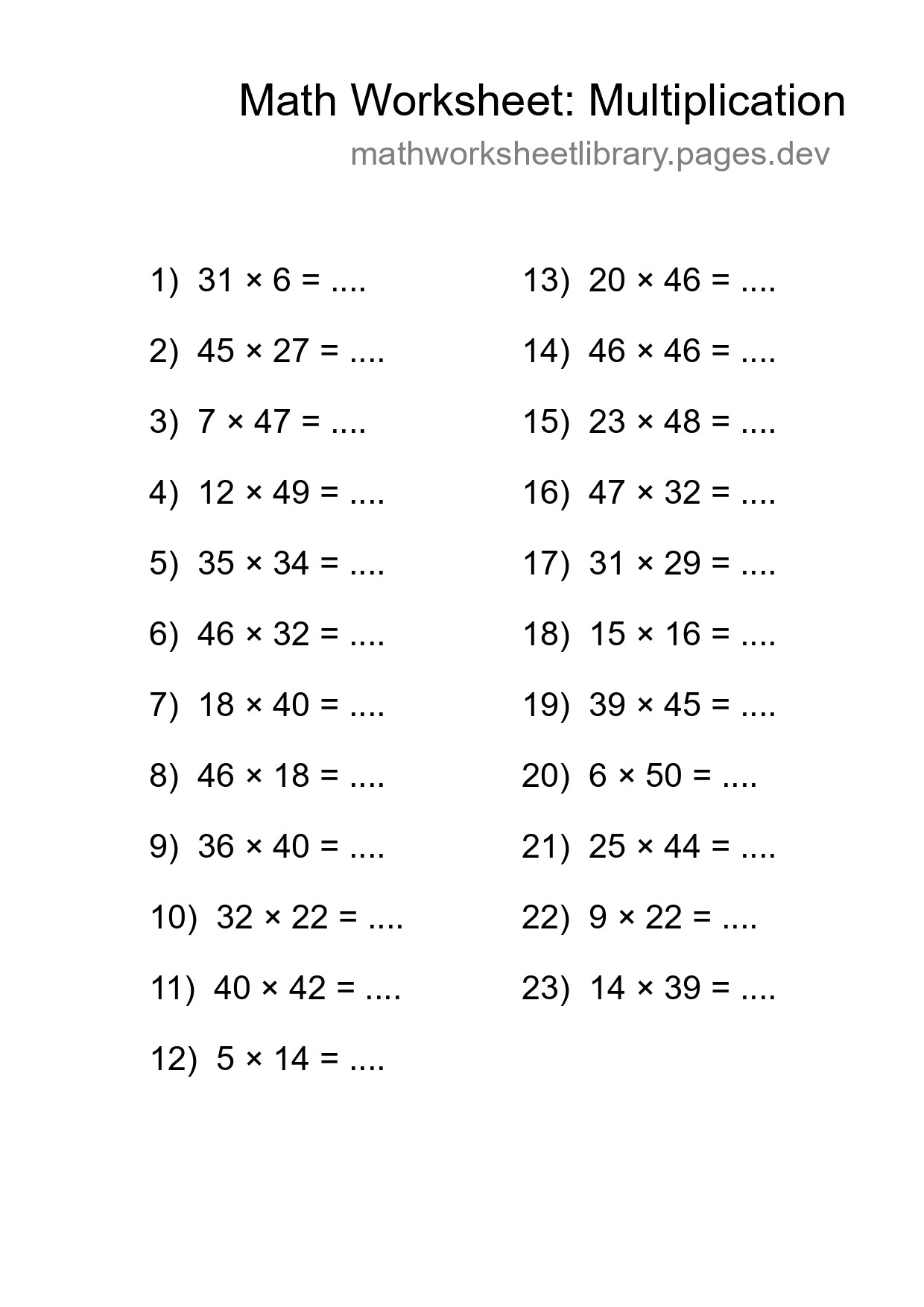 Grade 2 Multiplication Practice Worksheet (23 Problems) - Part 167