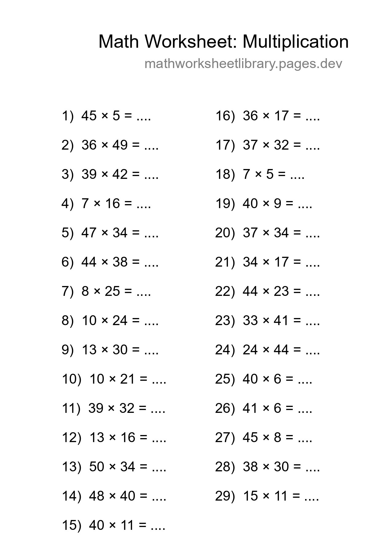 Grade 2 Multiplication Practice Worksheet (29 Problems) - Part 107