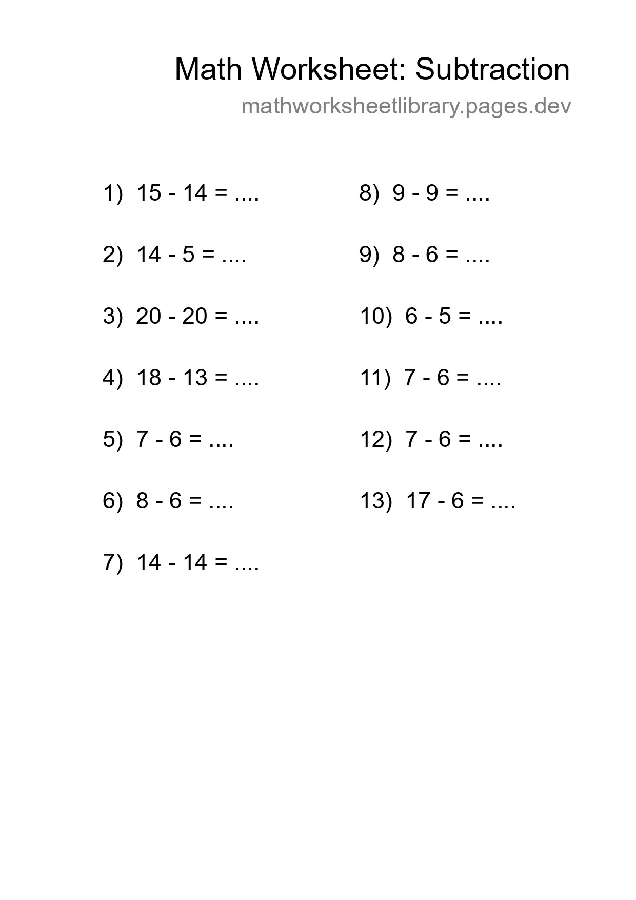 Grade 2 Subtraction Practice Worksheet (13 Problems) - Part 258