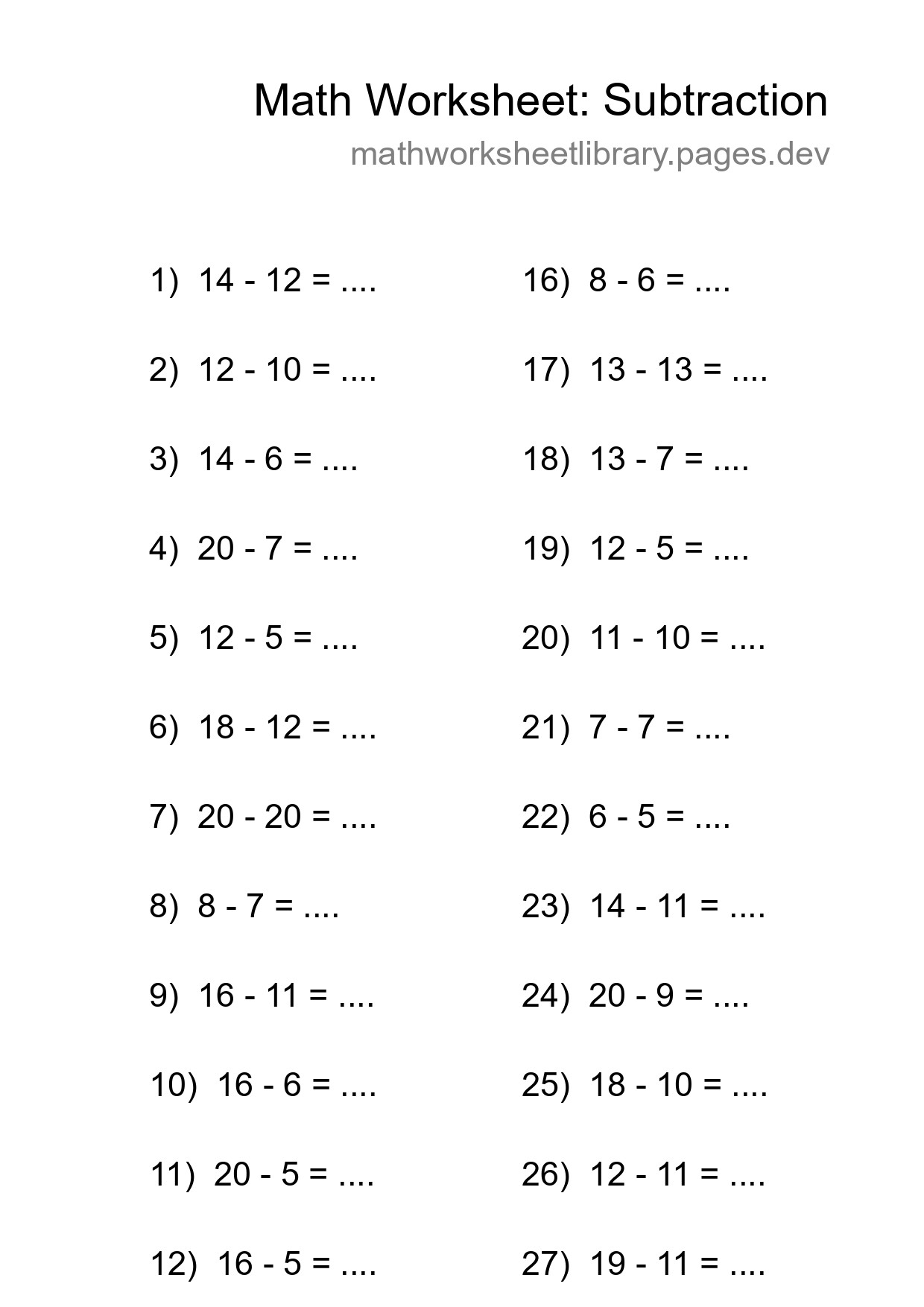Grade 2 Subtraction Practice Worksheet (30 Problems) - Part 238