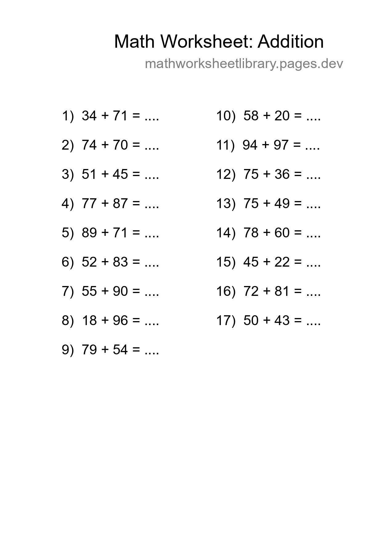 Grade 3 Addition Practice Worksheet (17 Problems)