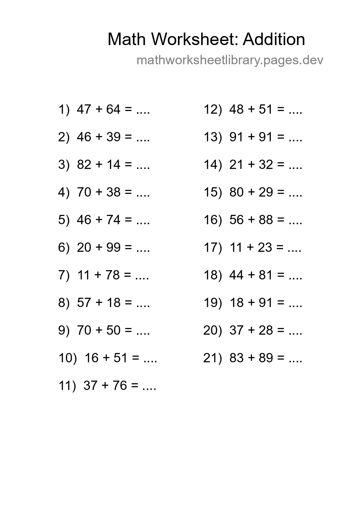 Grade 3 Addition Practice Worksheet (21 Problems) - Part 131