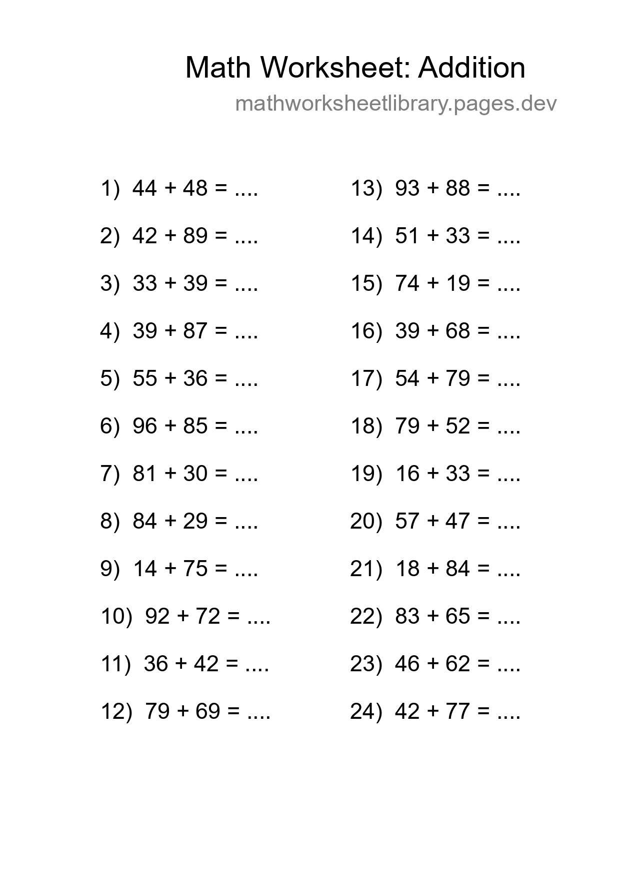 Grade 3 Addition Practice Worksheet (24 Problems) - Part 231