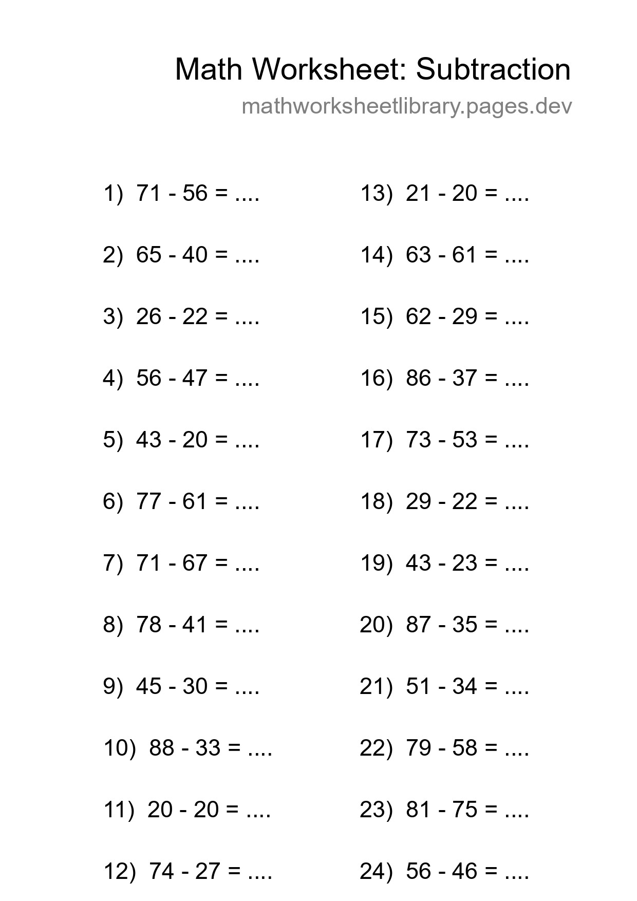 Grade 3 Subtraction Practice Worksheet (24 Problems) - Part 38