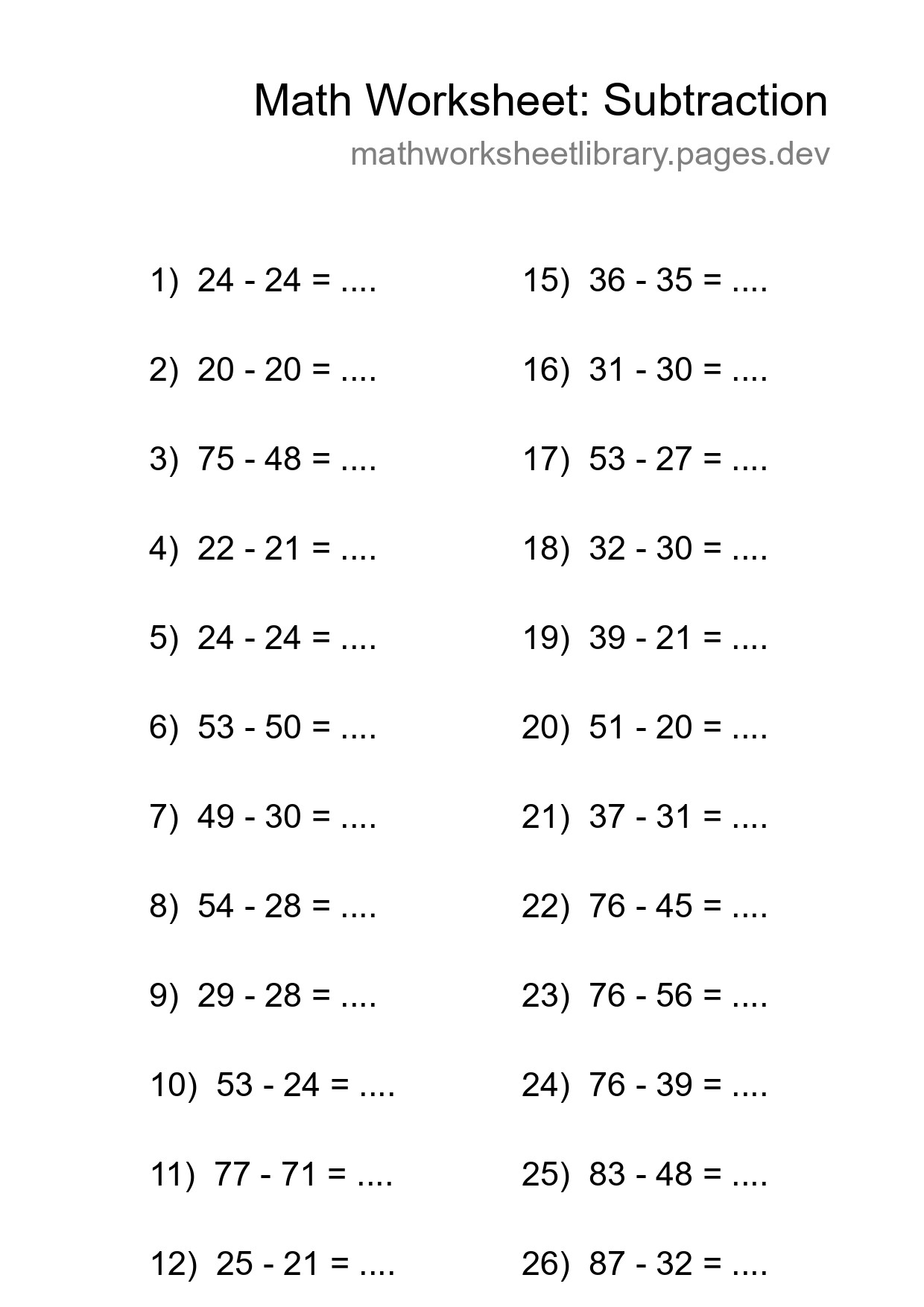 Grade 3 Subtraction Practice Worksheet (28 Problems) - Part 148