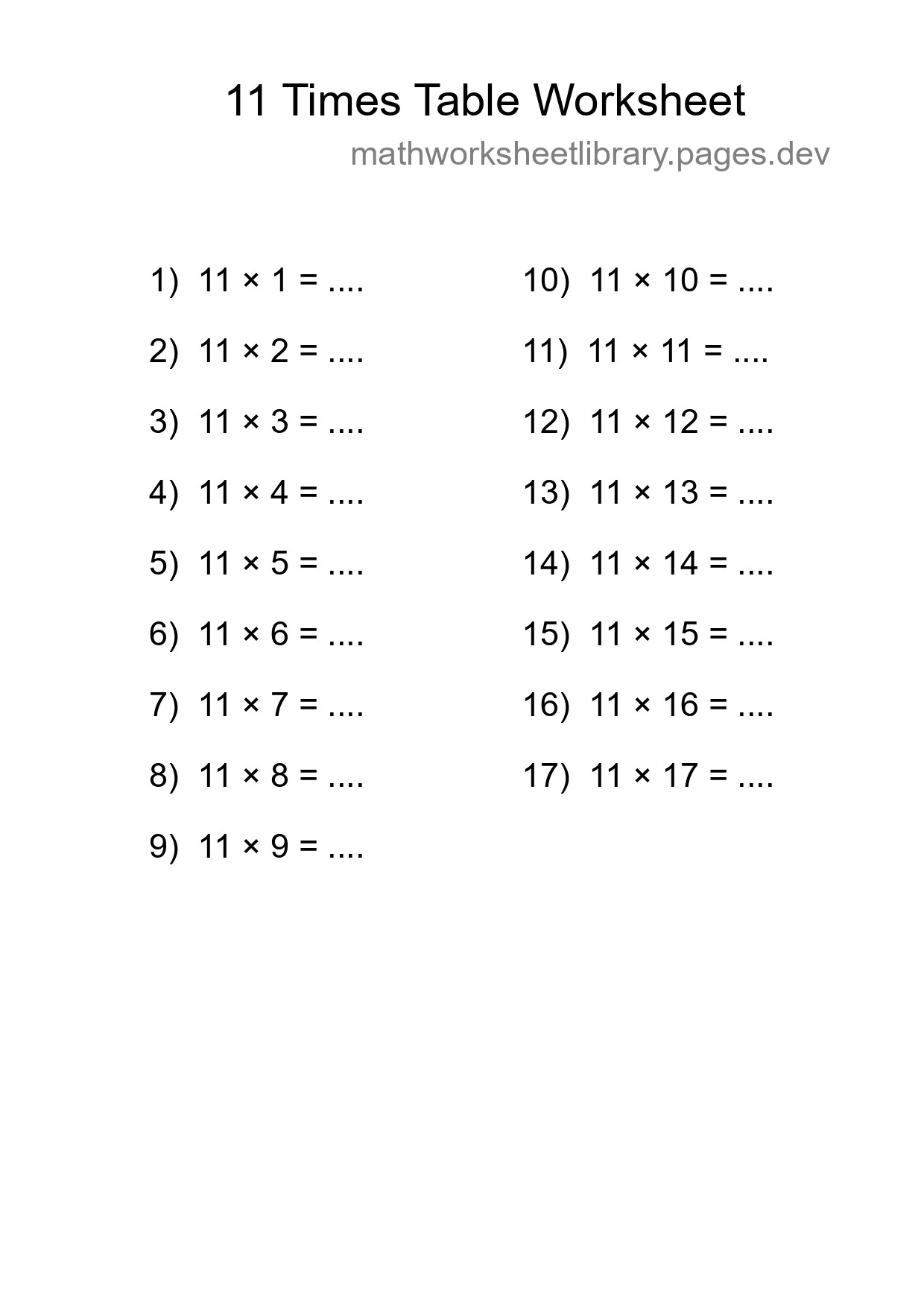 Grade 4 Multiplication Table 11 Practice - Part 9