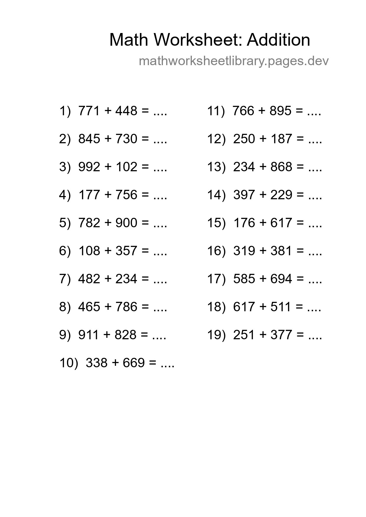 Grade 5 Addition Practice Worksheet (19 Problems) - Part 201