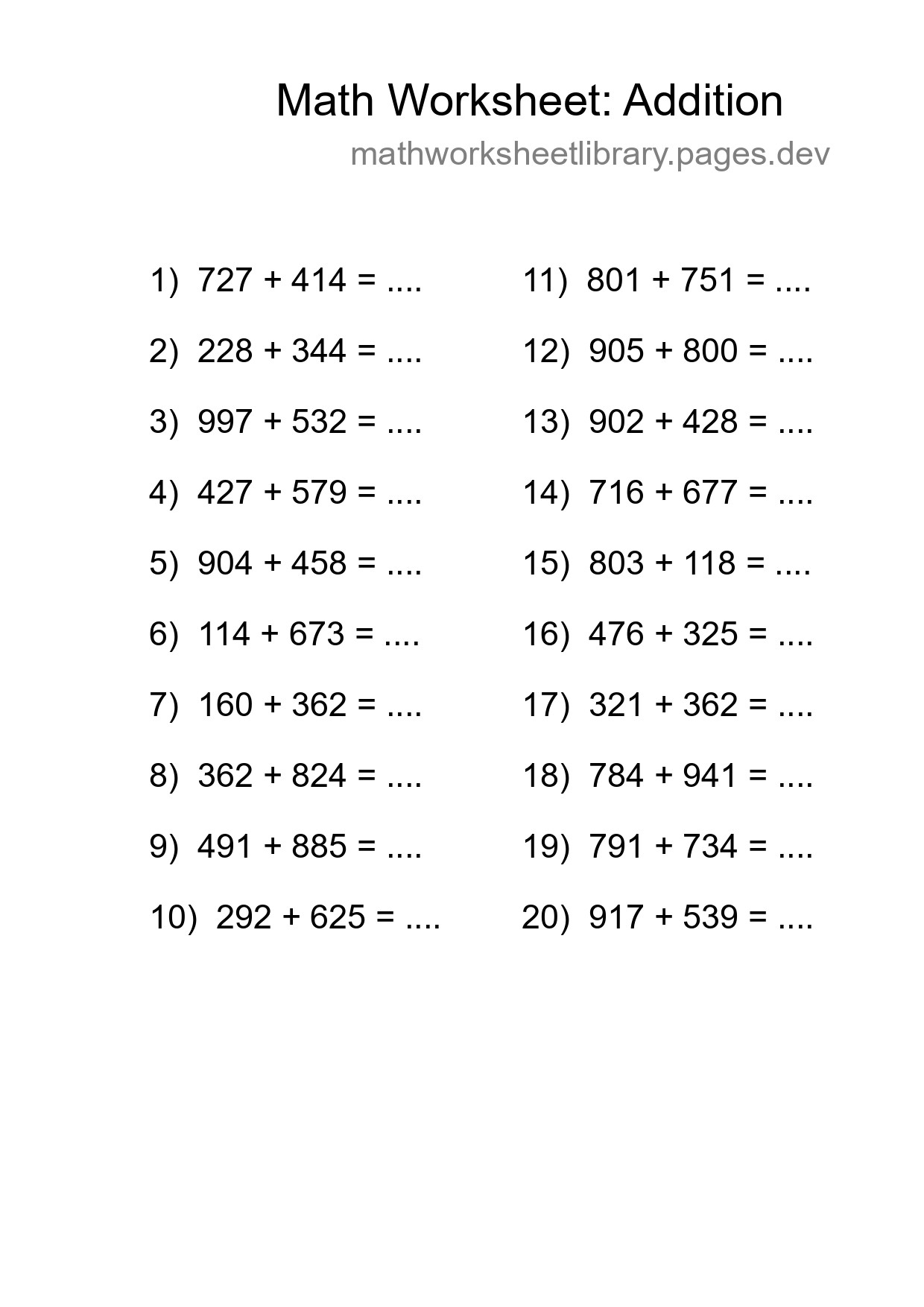 Grade 5 Addition Practice Worksheet (20 Problems) - Part 271