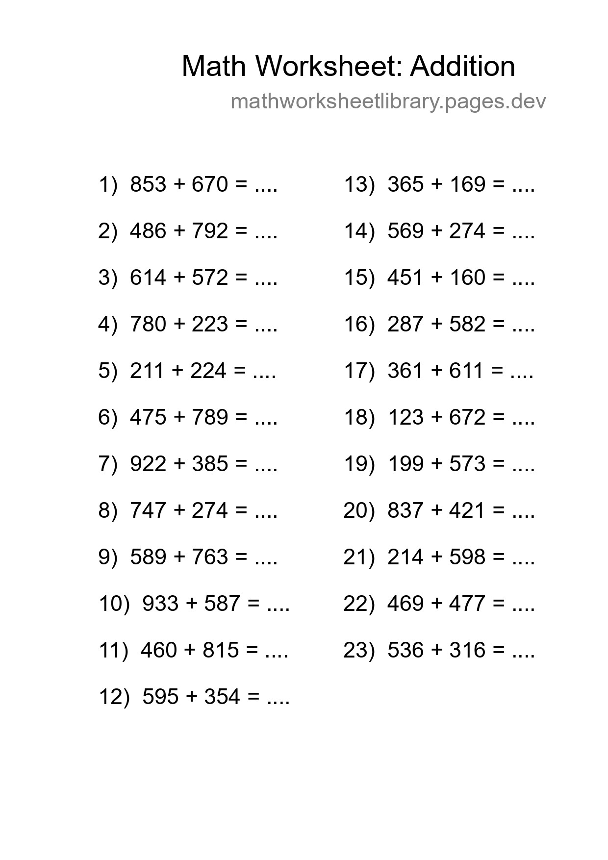 Grade 5 Addition Practice Worksheet (23 Problems) - Part 31