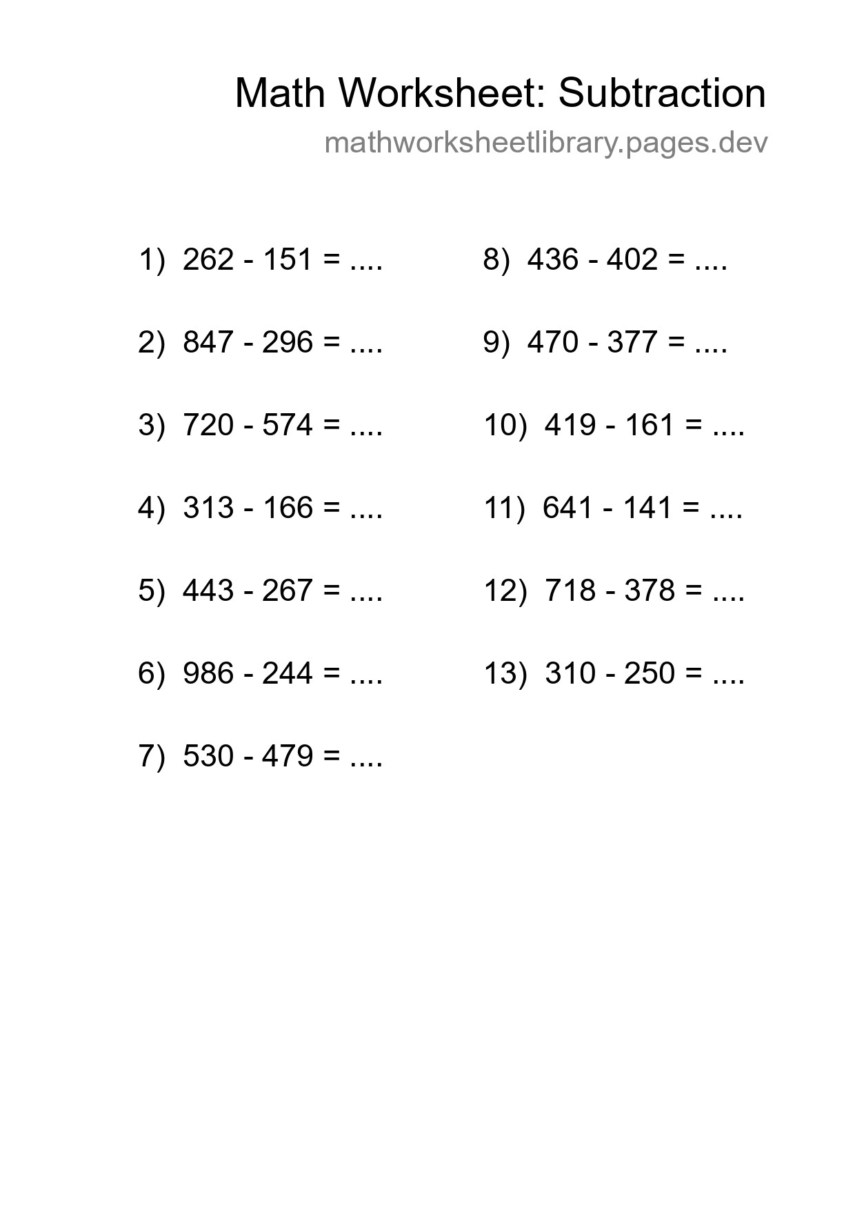 Grade 5 Subtraction Practice Worksheet (13 Problems) - Part 158