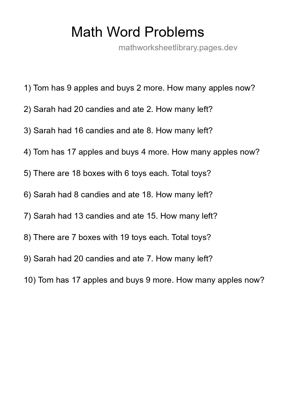 Math Word Problem Worksheet