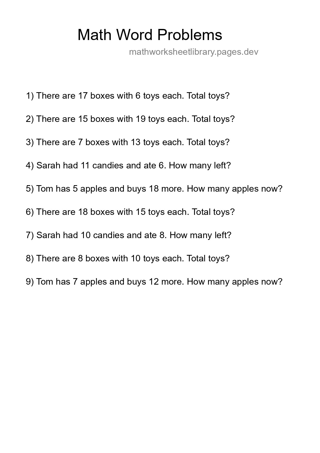 Math Word Problem Worksheet