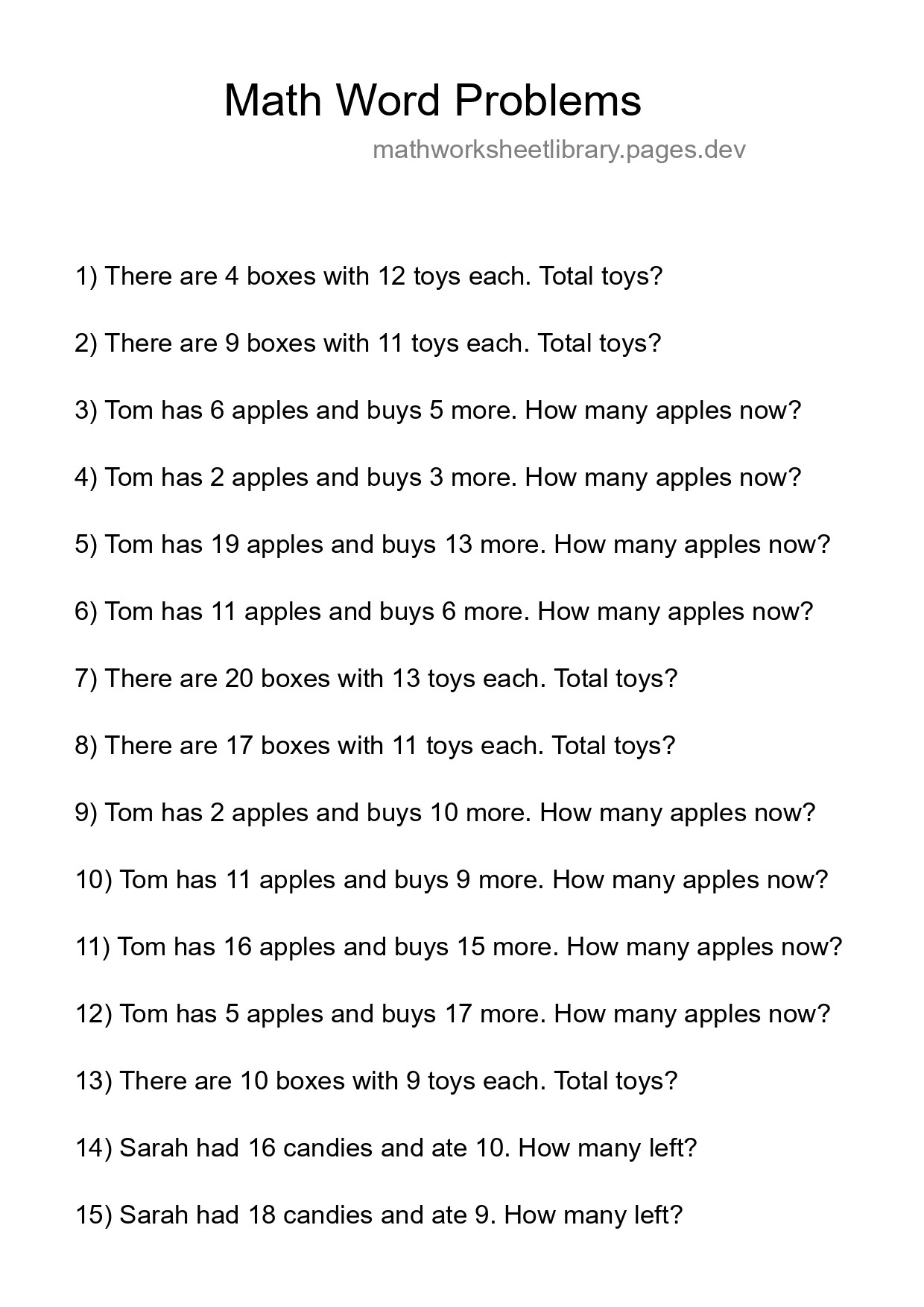 Math Word Problem Worksheet
