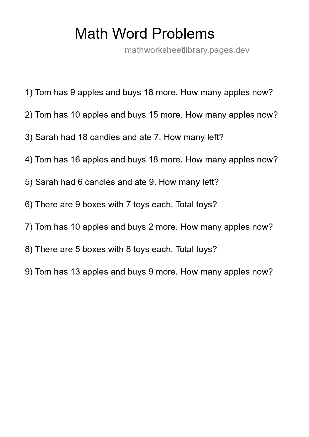 Math Word Problem Worksheet