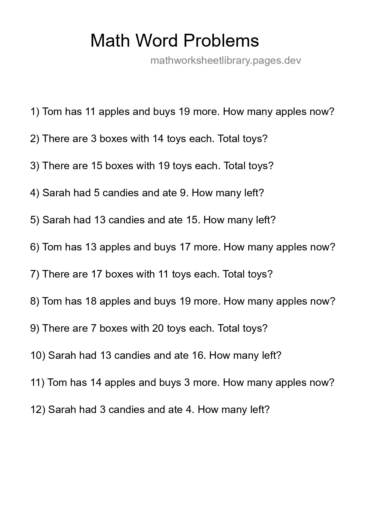 Math Word Problem Worksheet