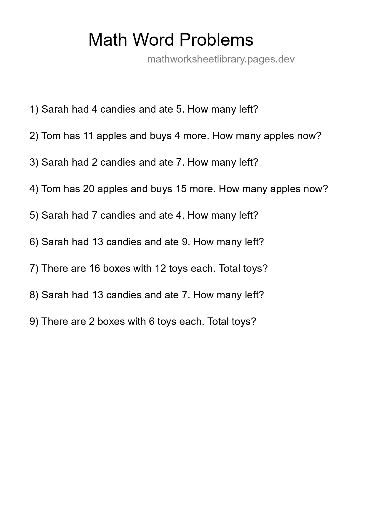 Math Word Problem Worksheet
