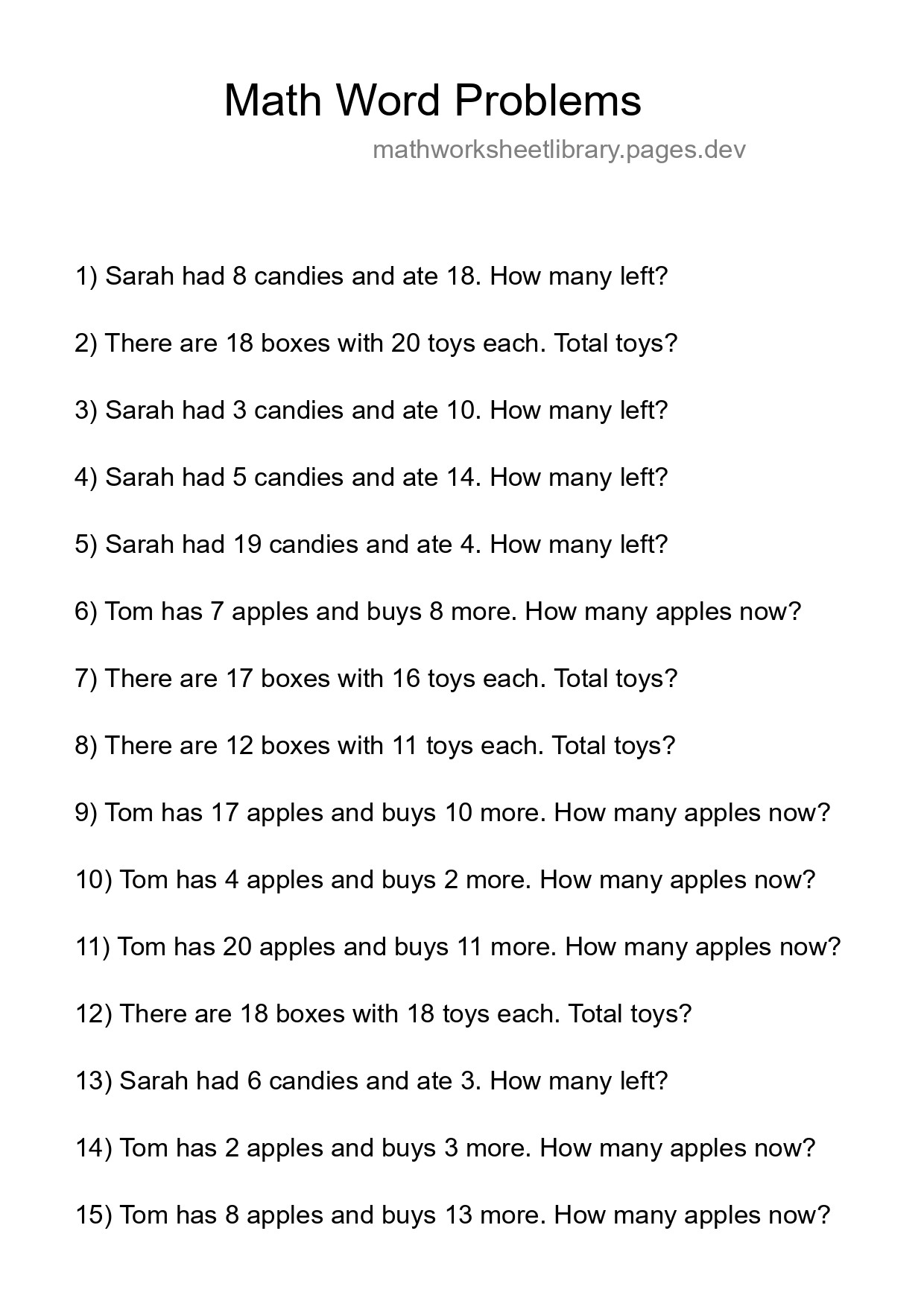Math Word Problem Worksheet